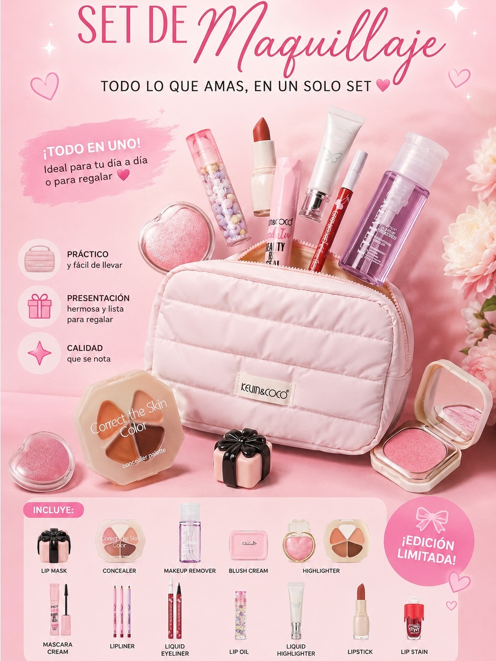 Pink Women’s Makeup Set — Travel Cosmetic Bag with Lipstick, Blush & Highlighter